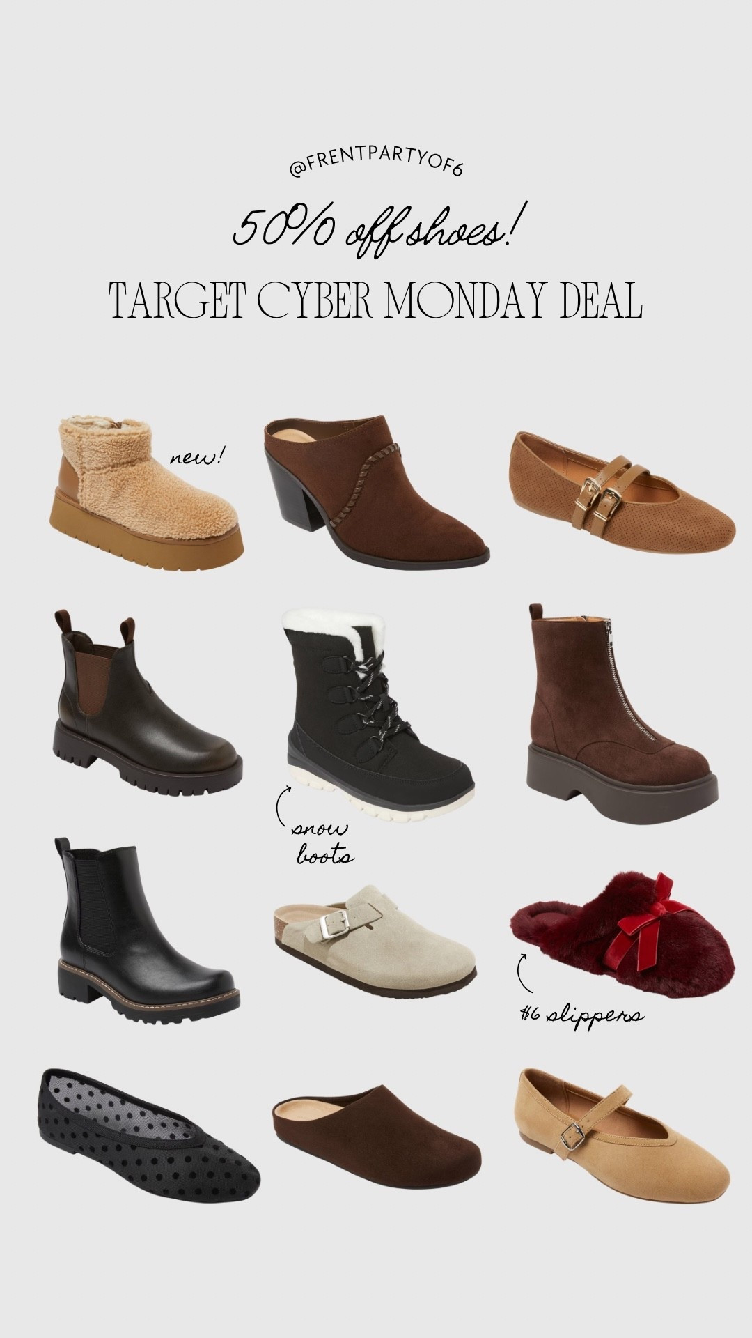 50% off shoes today at Target! $6 slippers and new boots  

#LTKCyberWeek #LTKSaleAlert #LTKFindsUnder50