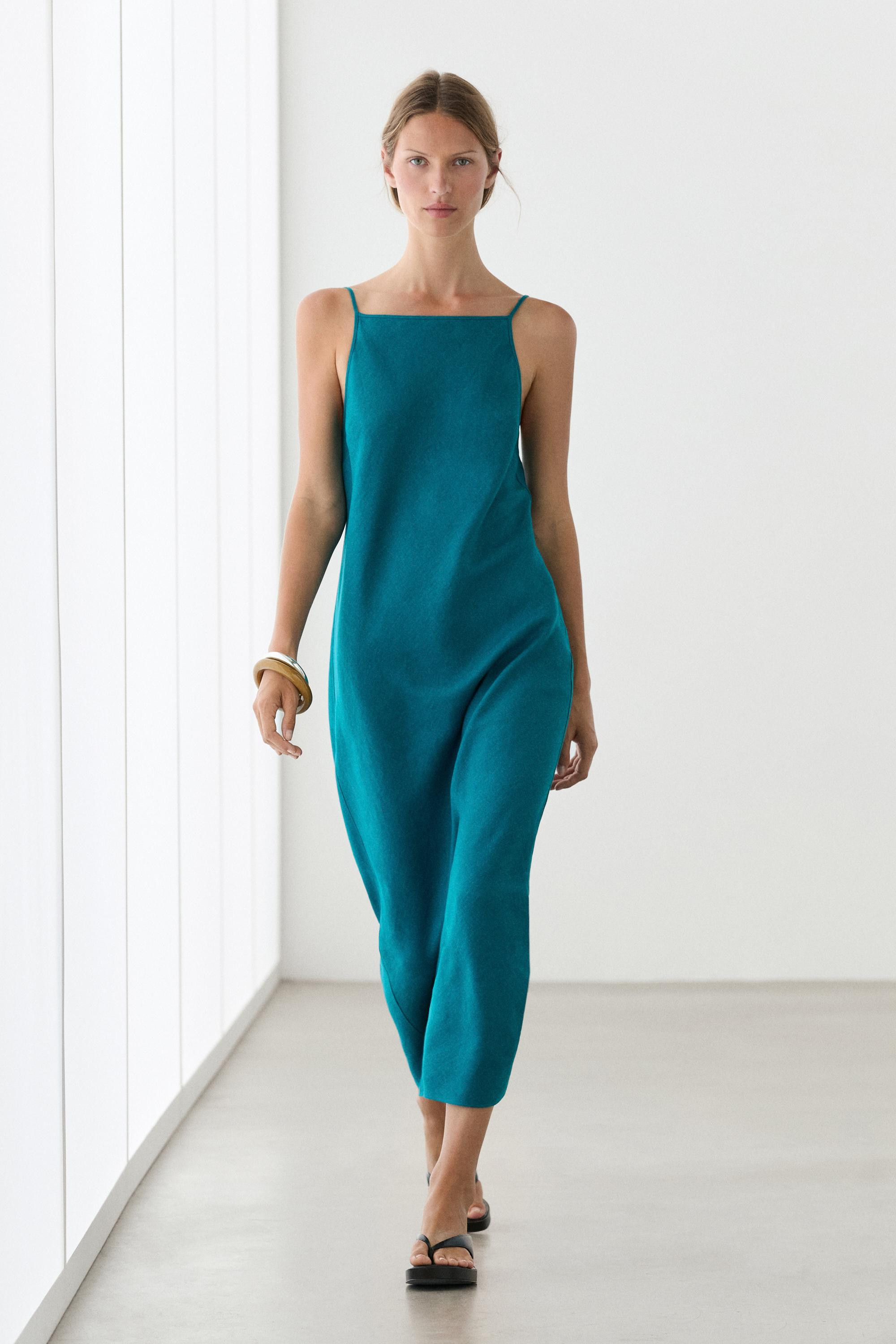 Vestido midi tirantes 100% lino | Massimo Dutti US