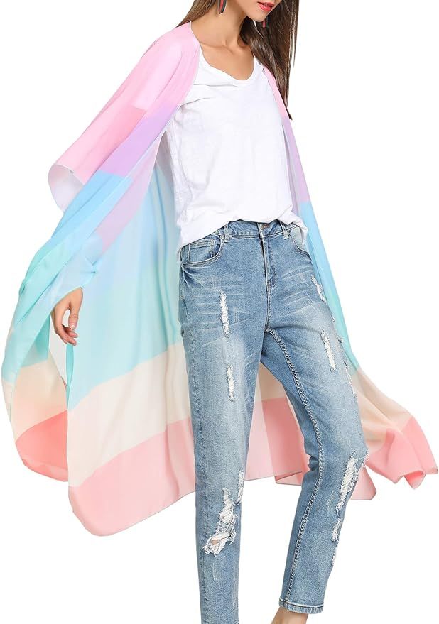 Hibluco Women's Casual Cover Ups Printed Kimono Cardigan Sheer Tops Loose Blouse | Amazon (US)