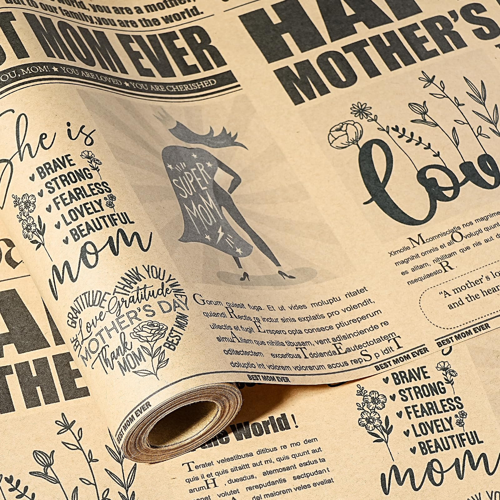 RUSPEPA Vintage Newspaper Mother's Day Wrapping Paper Roll, Mini Roll, Rustic Retro Best Mom Ever... | Amazon (US)