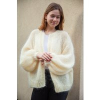 Hand Knit Long Mohair Cardigan, Bomber Jacket, Raglan Balloon Sleeves, Loose Mohair, Open Front Bridal Sweater | Etsy (US)