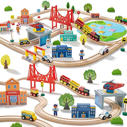 Tiny Land Train Set 110pcs Wooden Train Set, Toy Train for Boys & Girls with Track for 3-7 Years Old Toddlers & Kids, Railway Set | Amazon (CA)