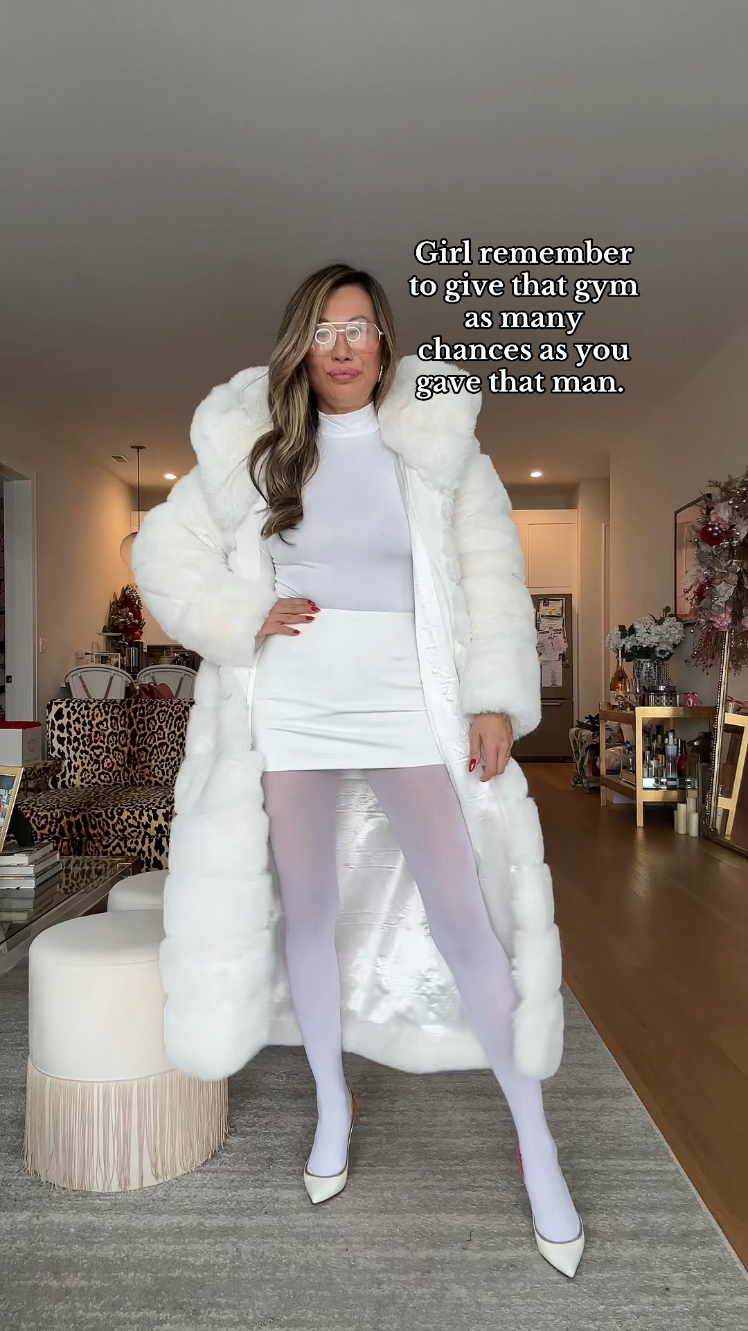 All white affordable outfit inspired by Pinterest. White faux fur coat on major sale. White Amazon turtleneck bodysuit, sunglasses, and tights. Affordable revolve skirt. Size medium  

#LTKStyleTip #LTKSeasonal #LTKFindsUnder100