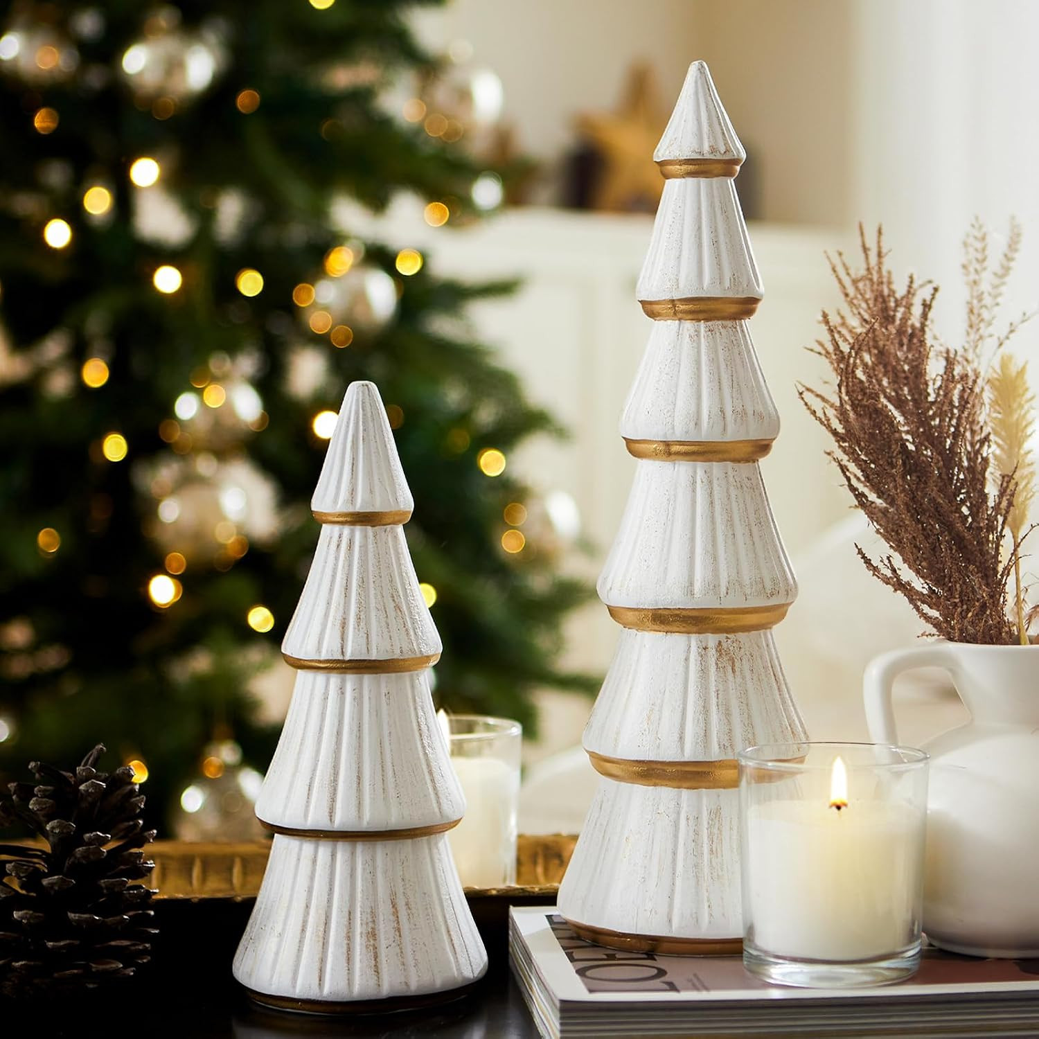 Christmas Tree Figurine Decor Tabletop White and Gold, 2pcs | Amazon (US)