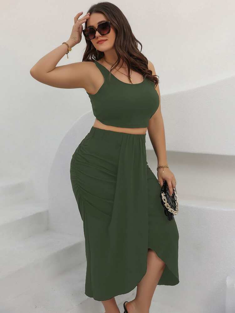 Plus Tank Top & Asymmetrical Hem Skirt | SHEIN