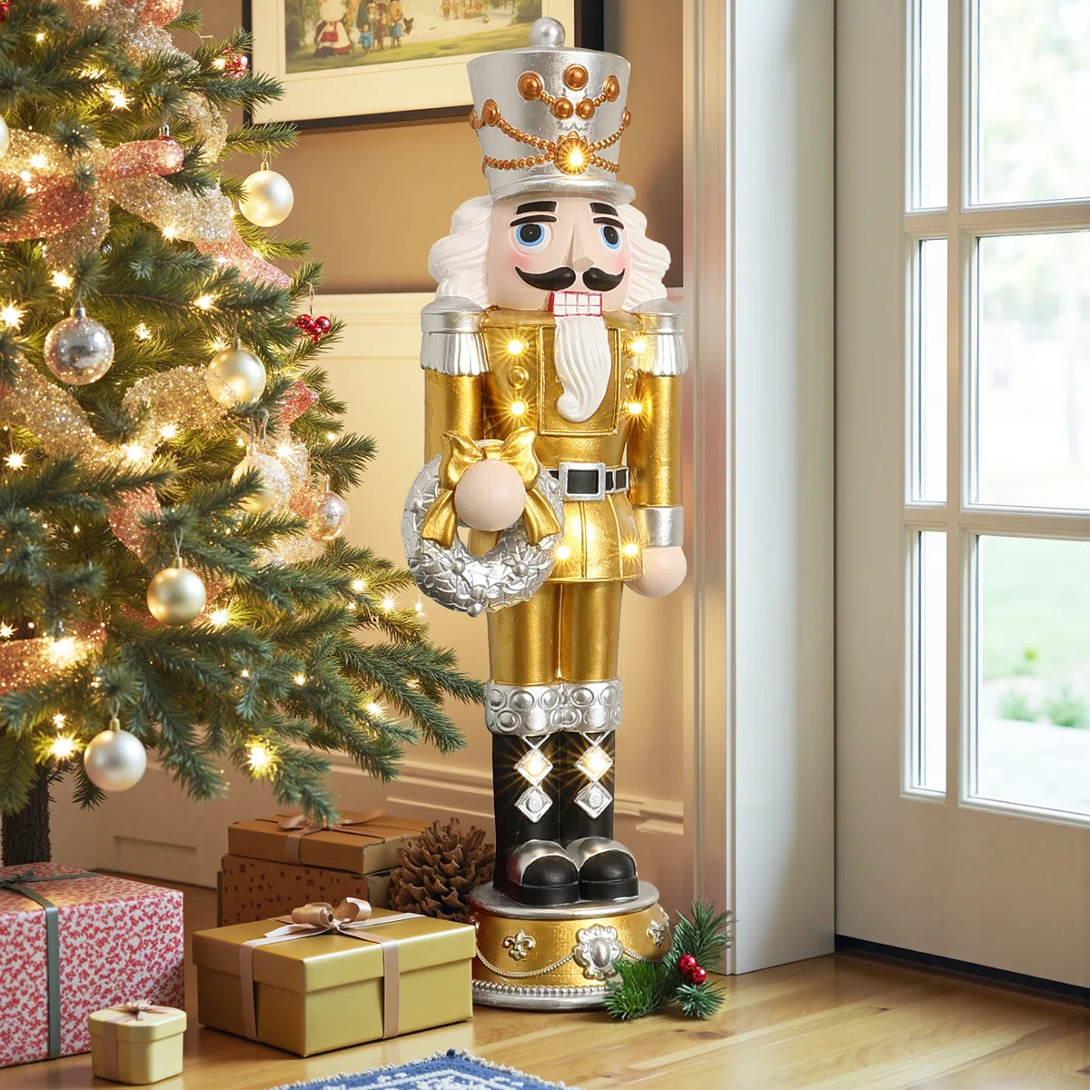 4Ft Lighted Nutcracker Gold Soldier with Silver Wreath, Battery Operated Xmas Decoration | Wayfair North America