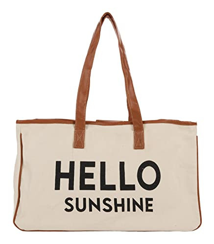 Funky Junque Large Lined Canvas Summer Tote Bag with Leather Straps Beach Bag - Hello Sunshine | Amazon (US)
