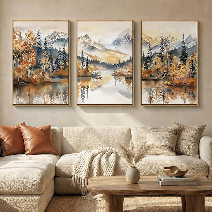 Framed Mountain Forest Landscape 3 Piece Wall Art for Living Room, Orange Neutral Modern Scenic P... | Amazon (US)