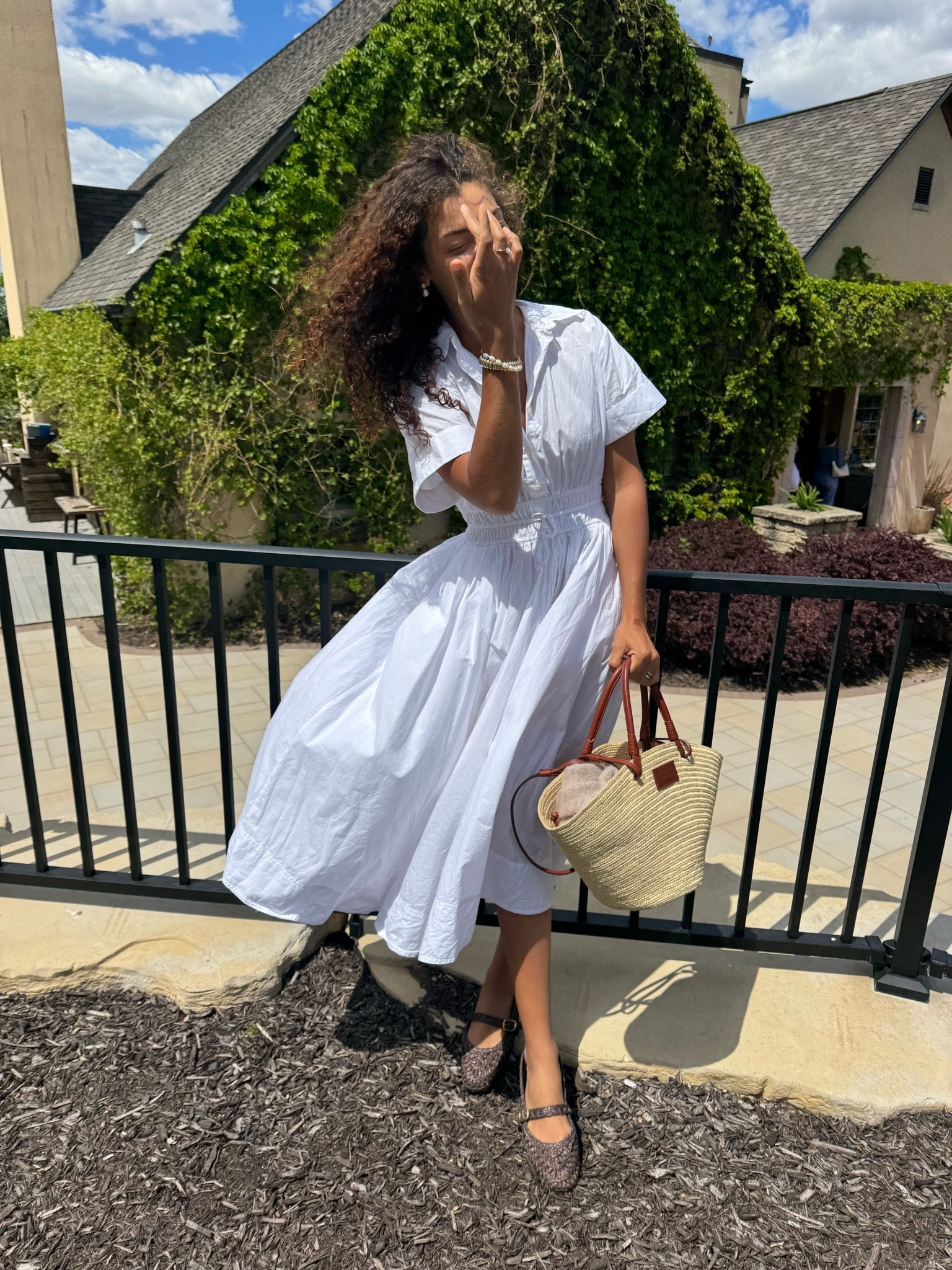 White dress, brown woven flats, straw bag

#LTKootd