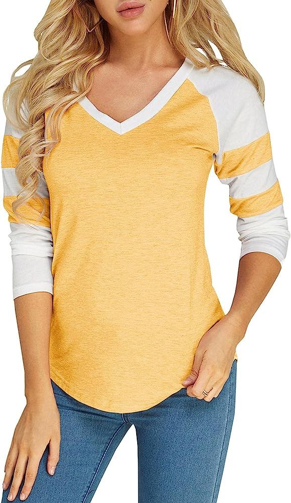 Foshow Womens Baseball Raglan Color Block T-Shirts Summer Short Long Sleeve V Neck Tees Jersey Casua | Amazon (US)