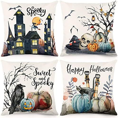 HOLICOLOR Halloween Throw Pillow Covers 18x18 Inch Set of 4 Halloween Decorations Farmhouse Water... | Amazon (US)