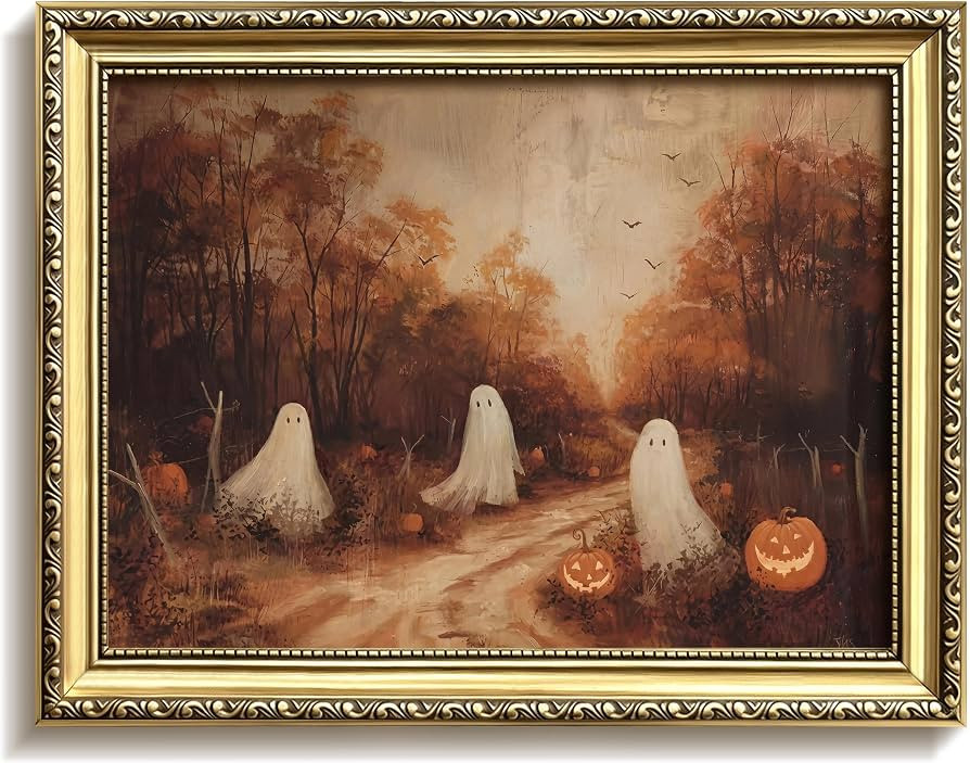 Vintage Gold Framed Halloween Wall Art, Cute Ghost Fall Wall Decor, Spooky Gothic Ghost Pumpkin C... | Amazon (US)