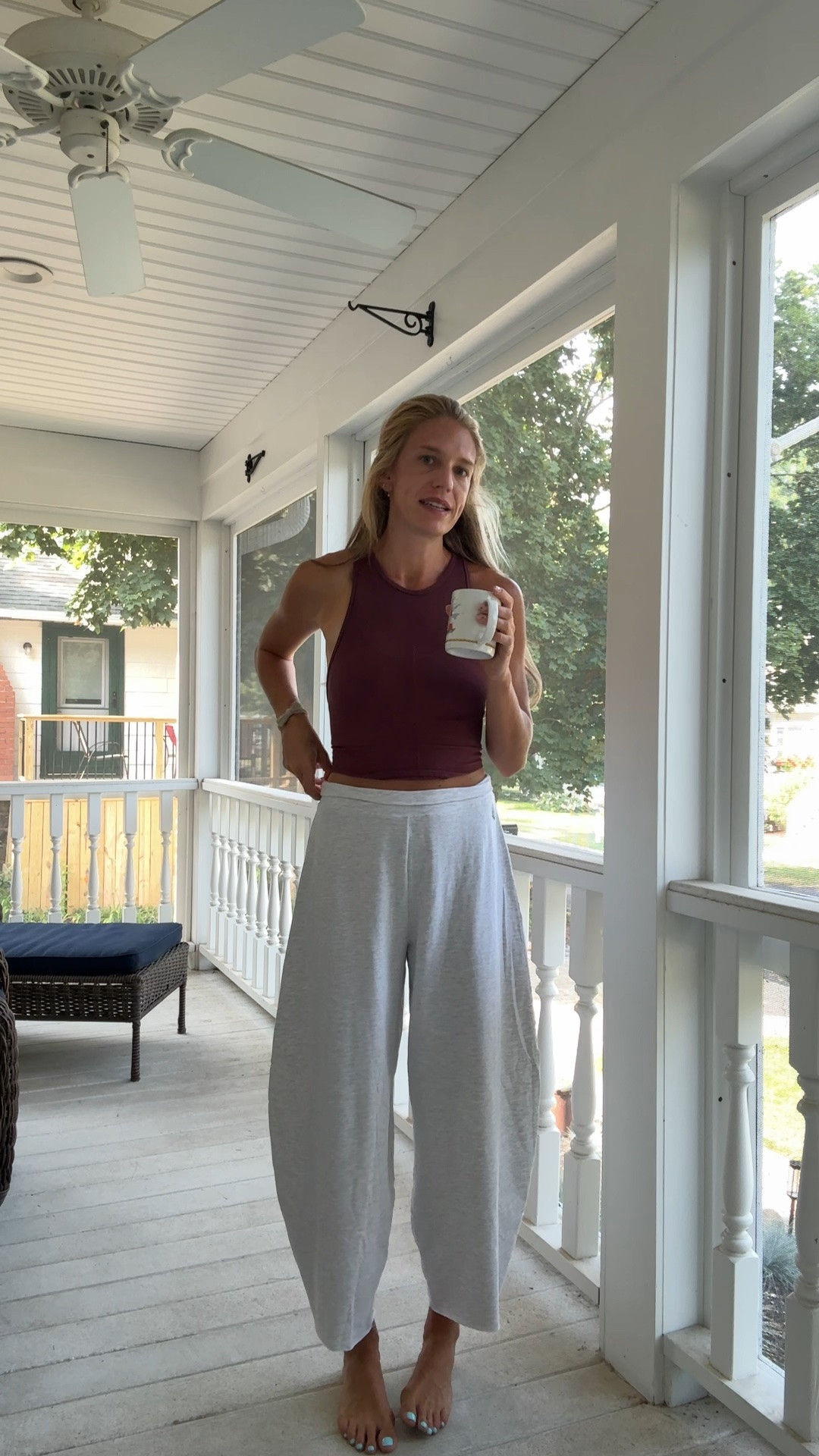 Summer morning, coffee well in Wisconsin for a family trip. These lounge bands from @FPmovement are so comfortable and breathable. I size down to a small. They are perfect for postpartum or lounging around the house or even a travel outfit. 

I am wearing size M/L in the top

#FPMovementPartner

#LTKootd #LTKTravel #LTKTall
