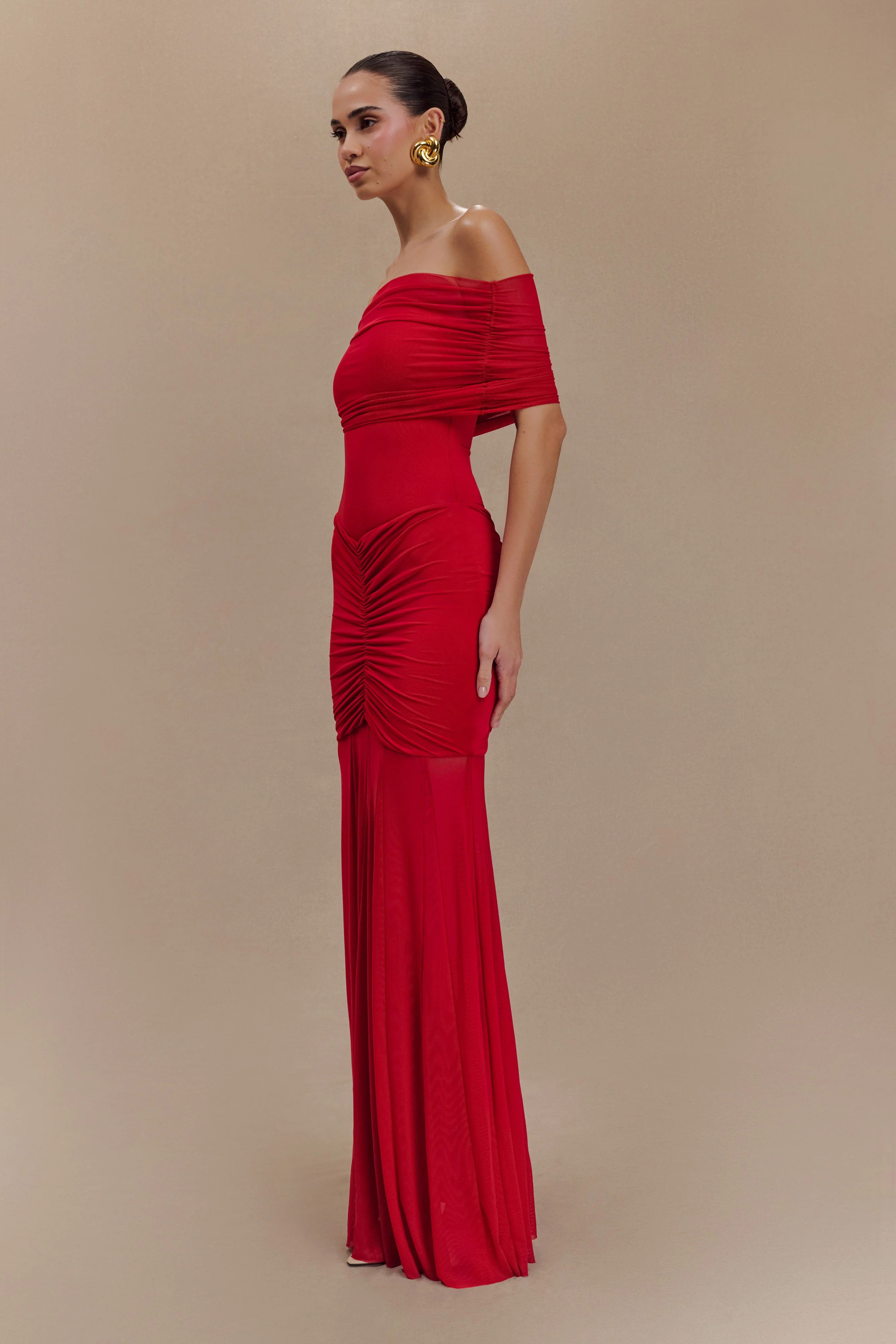 Slinky And Mesh Off Shoulder Maxi Dress - Ruby | MESHKI US