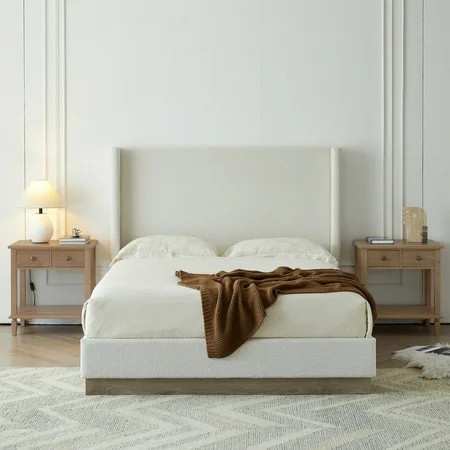 Miniyam King Upholstered Wingback Bed with 53.1" Tall Boucle Headboard, Hidden Wood Base, Metal Frame, No Box Spring, for Adults & Teens | Walmart (US)