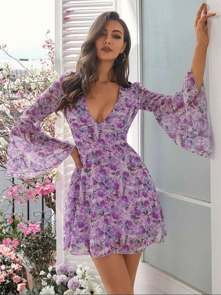 Double Crazy Floral Print Flounce Sleeve Plunging Neck Flared-hem Dress | SHEIN