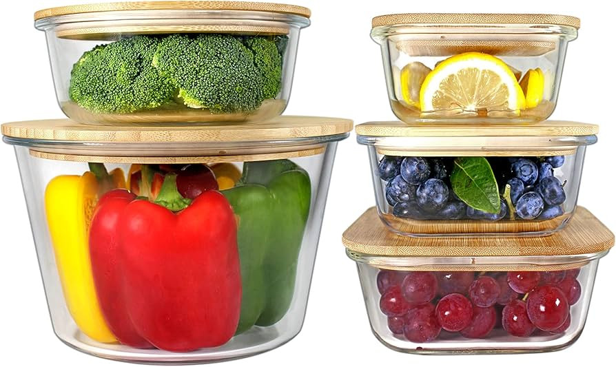 Glass Containers with Bamboo Lids for Food Storage and Meal Prep, Set of 5 | Amazon (US)