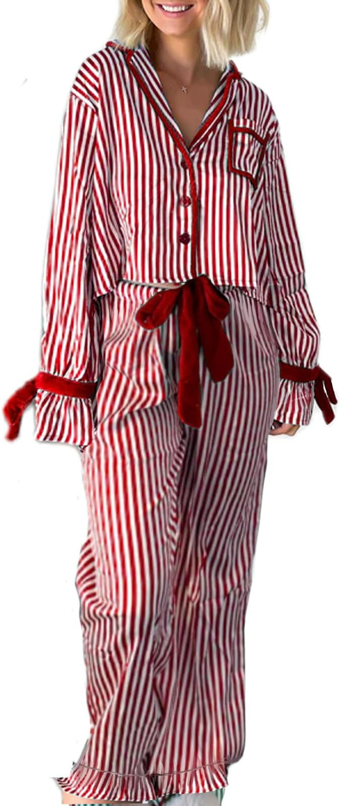 Sastianaen Women Christmas Pajamas Pant Set Bow Tie Long Sleeve Shirt Ruffle Trousers Striped 2 P... | Amazon (US)