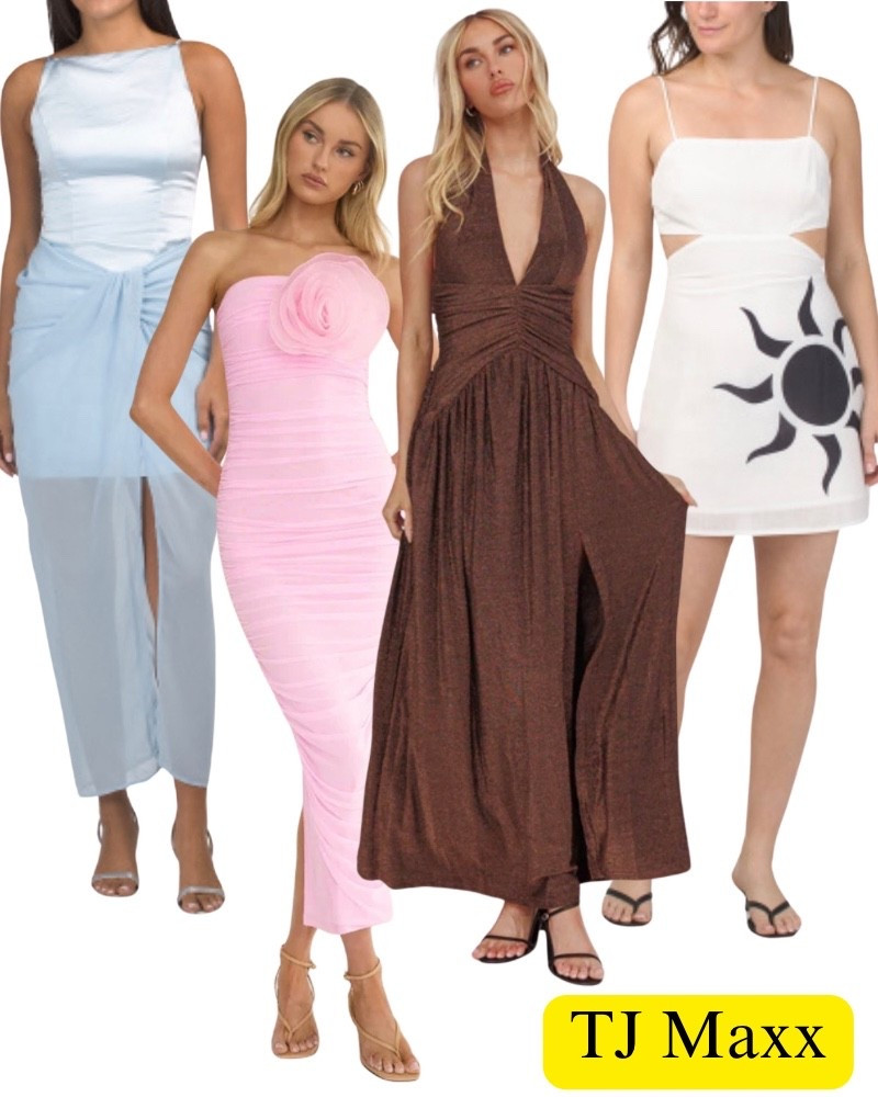 Selfie Leslie dresses on sale at TJ Maxx, pink Maxi, brown halter dress, black and white cut out dress, blue strapless dress, wedding guest, special occasion, design designer deals, under $30.

#LTKWedding #LTKSaleAlert