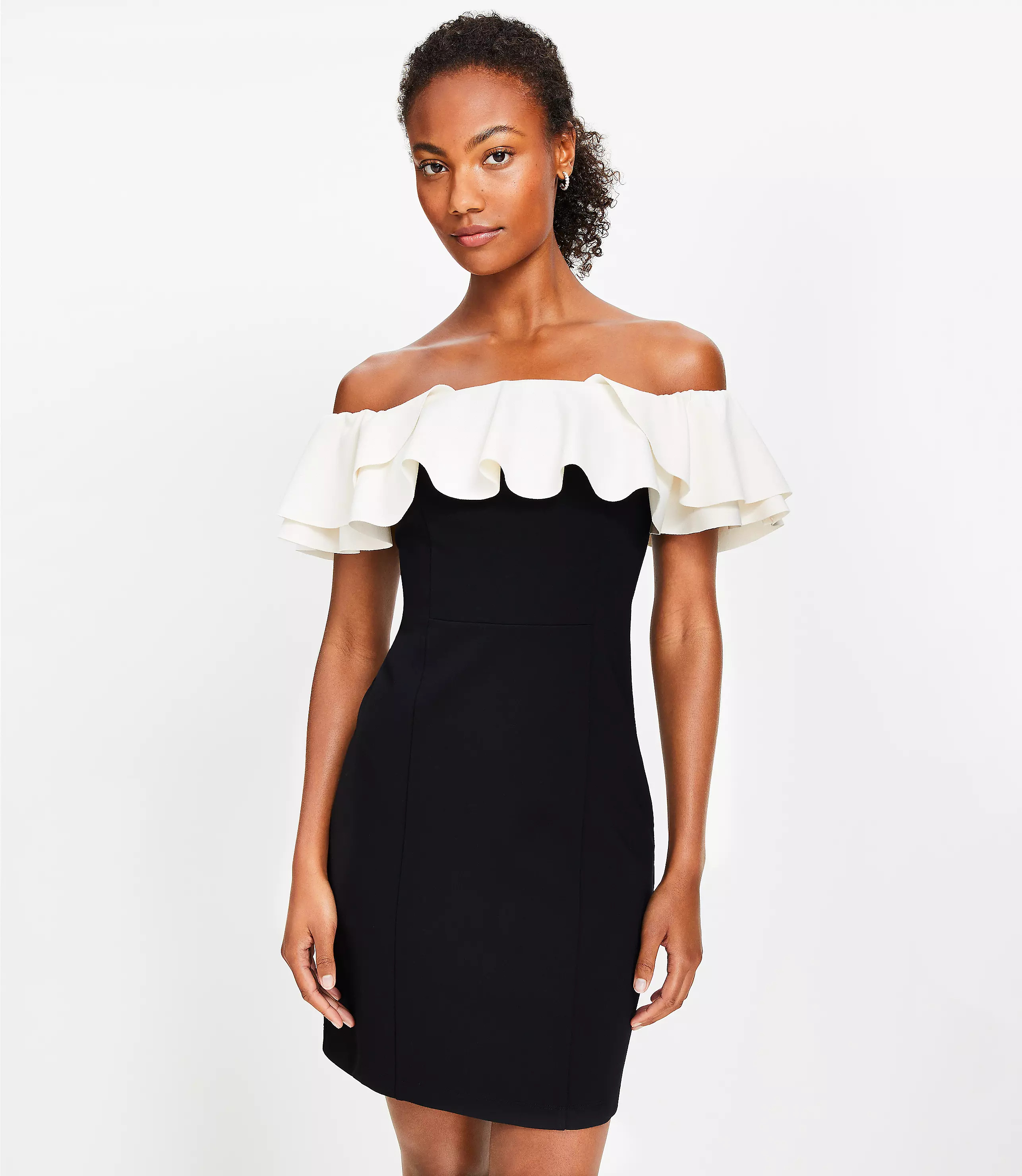 Petite Ponte Ruffle Off The Shoulder Mini Dress | LOFT