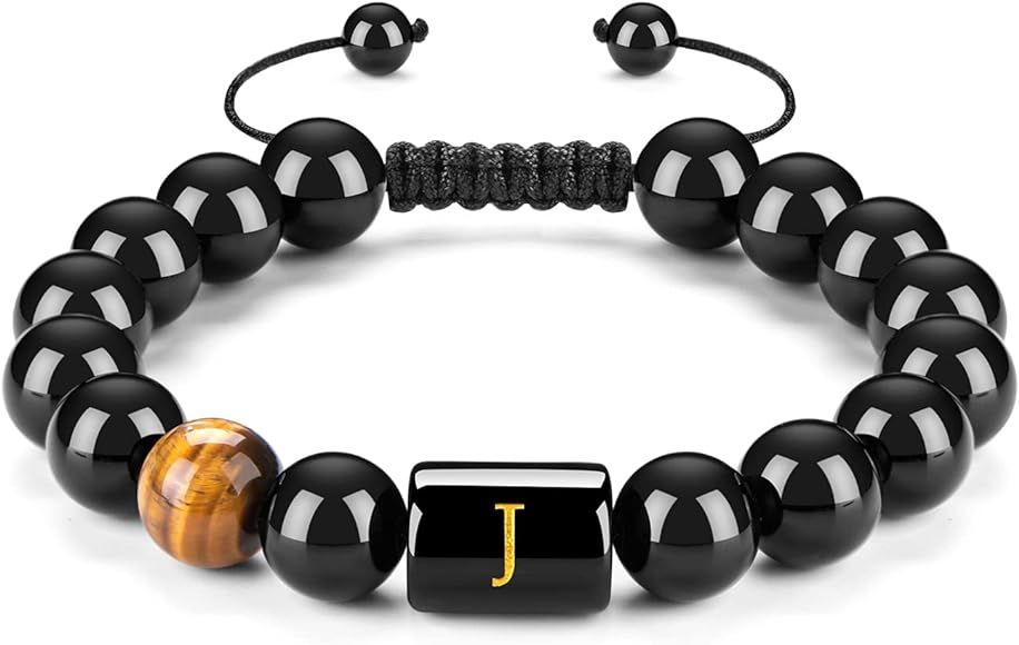 FRG Initials Bracelets for Men Letter Link Handmade Natural Black Onyx Tiger Eye Stone Beads Brai... | Amazon (US)