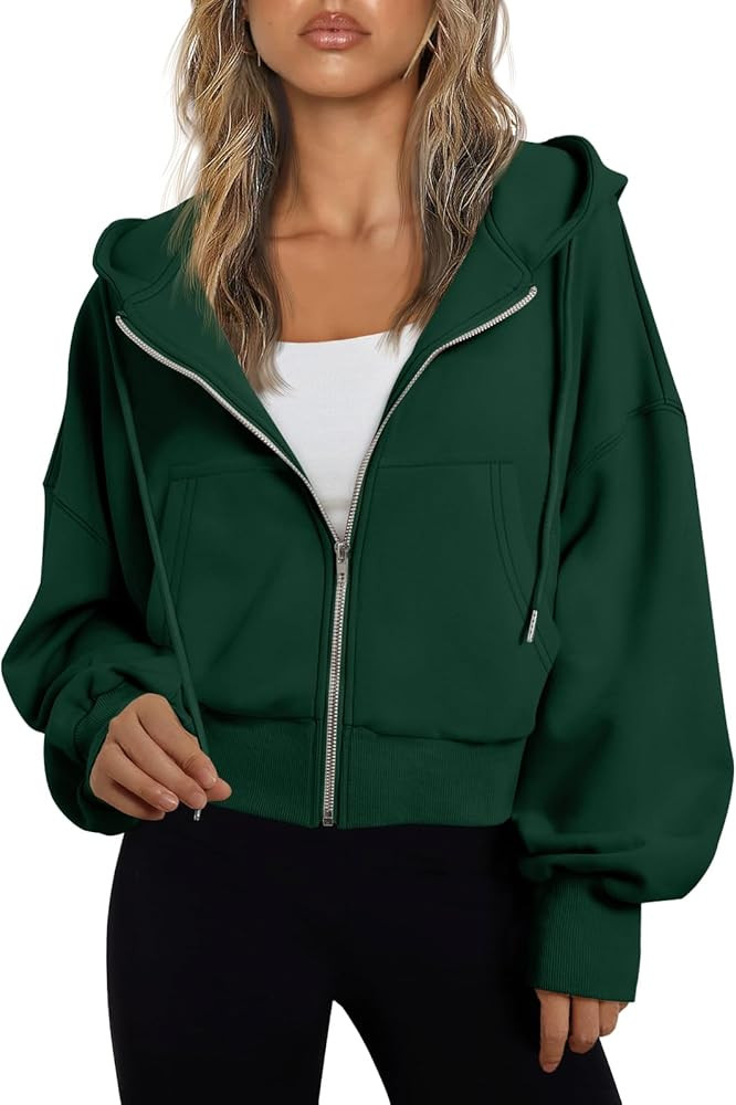 Trendy Queen Hoodies for Women Full Zip Up Cropped Sweatshirts Jackets Casual Comfy Gym Tops Fall... | Amazon (US)