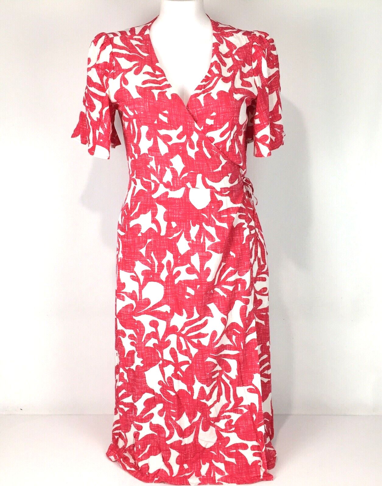 Anko Dress Coral Pink White Wrap Short Sleeve Midi Tie Side Size 14 New | eBay AU
