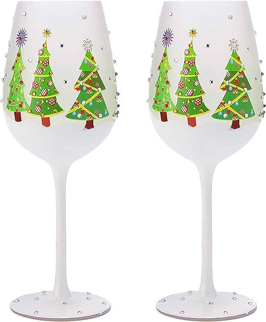 Christmas Tree Themed Stemmed Wine & Water Glasses - Set of 2 - Shining Holiday Red Green Yellow ... | Amazon (US)