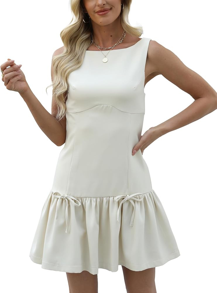 Womens Sleeveless Pleated Dress Girdling A Line Solid Color Pullover Round Neck Bow Zipper Back M... | Amazon (US)