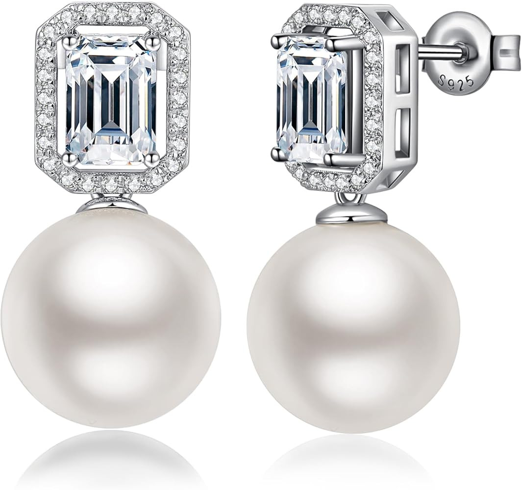 Elegant Pearl Stud Earrings for Women, 925 Sterling Silver Cubic Zirconia CZ Large Pearl Earring ... | Amazon (US)