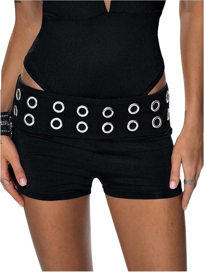 Verdusa Women's Y2K Grommet Eyelet Fold Over Shorts Micro Mini Shorts Rave Outfits | Amazon (US)