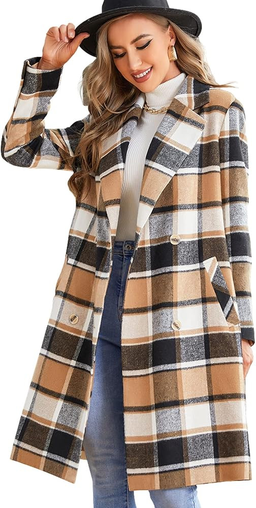 VICICSKY Women's plaid long coat, Warm Winter Mid Length Trench coat,Fashion Lapel Collar Coat Lo... | Amazon (US)