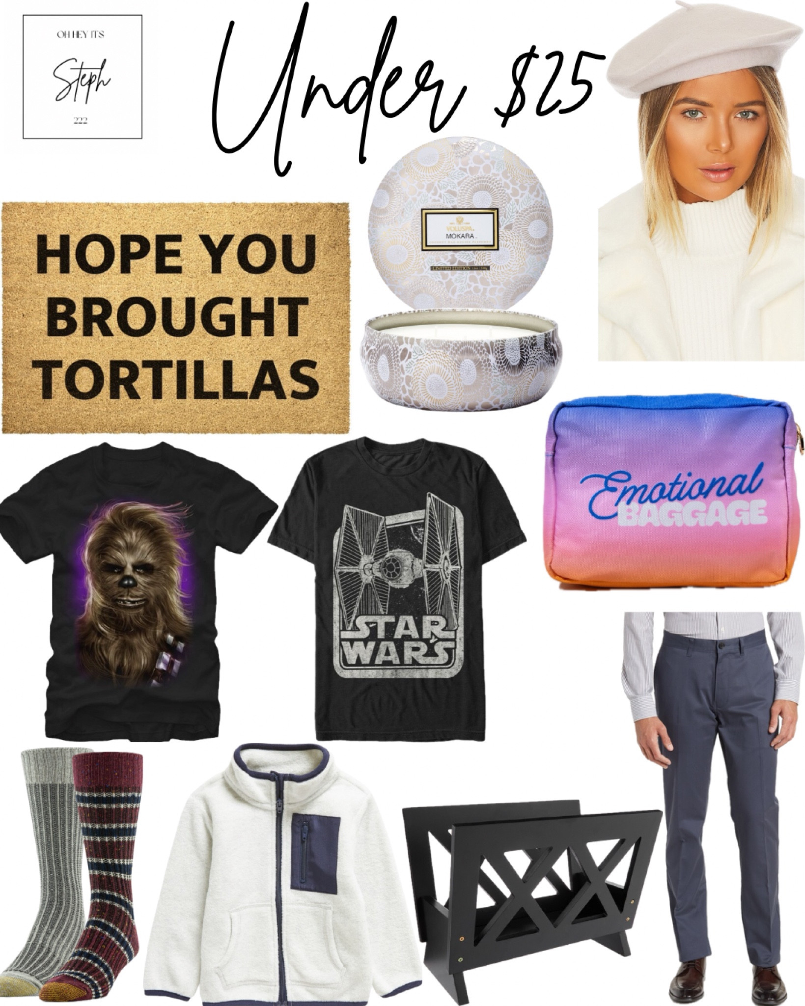 Under $25



Voluspa candle, Nordstrom, doormat, Etsy, cosmetic bag, Francesca’s, Star Wars tshirt, men’s tshirt, target, wool beret, revolve, men’s non-iron pants, Nordstrom rack, magazine rack, Amazon, fleece zip up, men’s socks, Macys 

#LTKmens #LTKsalealert #LTKhome