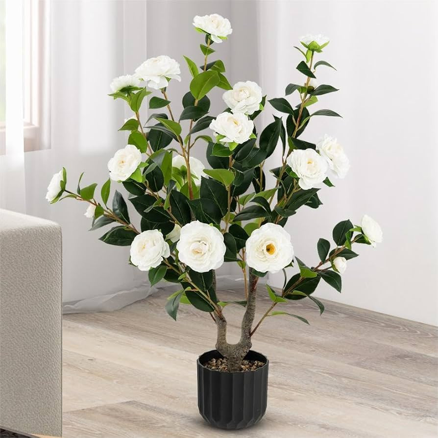 TANGZON 3FT/95CM Artificial Camellia Tree, 1/2 Pack Faux Blooming Floral Plant with 24 Flowers, 1... | Amazon (UK)