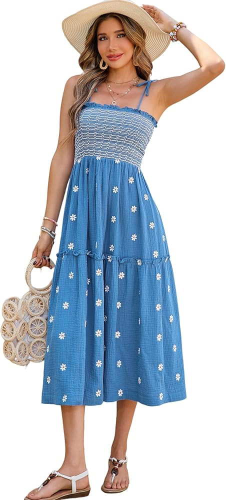 R.Vivimos Womens Summer Cotton Boho Midi Dress 2025 Spaghetti Strap Floral Embroidered Smocked Ti... | Amazon (US)