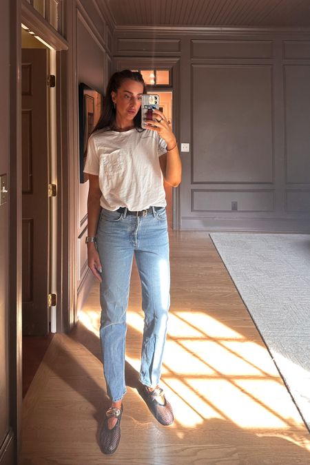 Another day at the office. Just switched to our CLJ x Walli James phone case. White tee with pocket is old but linked similar below. Jeans are Agolde, mesh flats are new from Amazon. And I never miss a day wearing my Oura ring, or my watch band and favorite gold earrings from Amazon. 