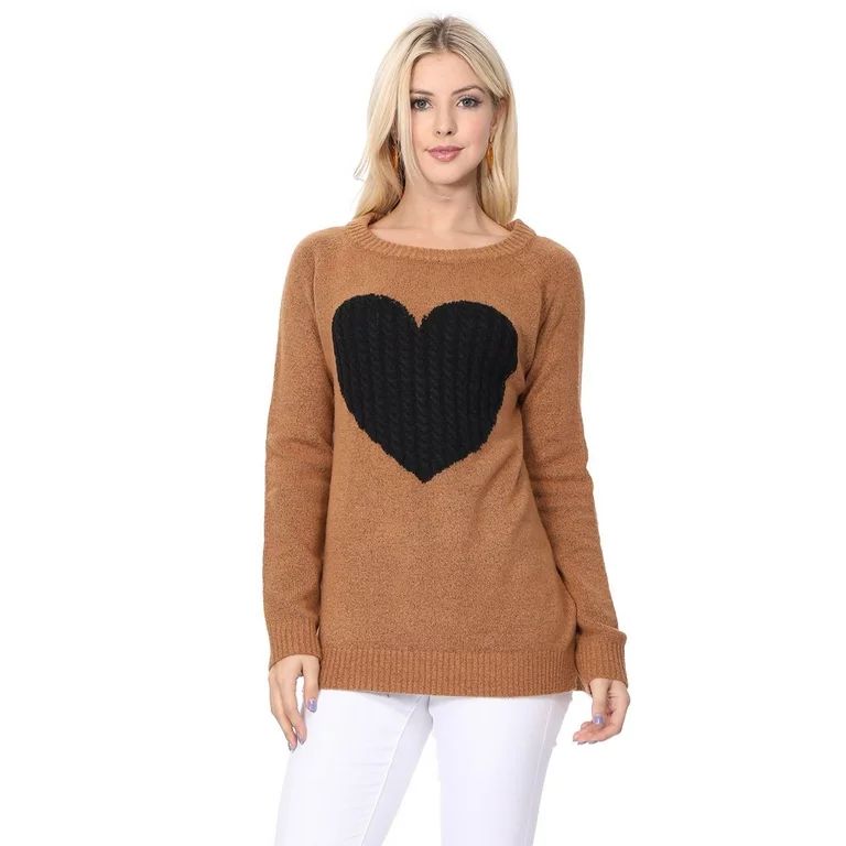 YEMAK Women's Pullover Sweater Long Sleeve Crewneck Heart Knitted Top Sweaters MK8236-CAMEL/BLACK... | Walmart (US)