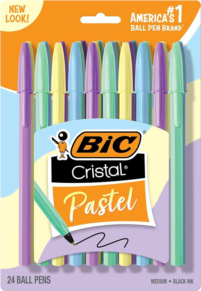 BIC Cristal Pastel Ballpoint Pens, Black Ink, 24-Count Pack, Colored | Pastel Barrels in Purple, ... | Amazon (US)