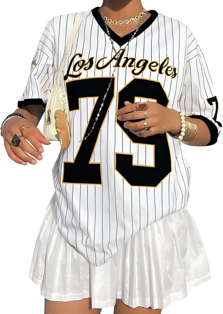 Oversized Jersey Shirts for Women V Neck Tshirt Striped Number Graphic Shirt Casual Y2k Streetwea... | Amazon (US)