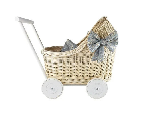 Wiklibox wicker & beech wood doll's pram in ECRU (creamy) color and WHITE base + bedding | Etsy (US)