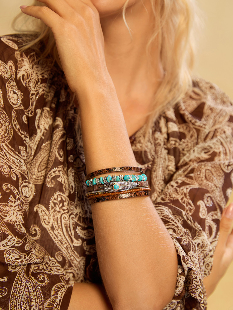 Tropiscape Feather Woven Leather Bracelet, Vintage Boho Turquoise Beads Bracelet With Magnetic Cl... | SHEIN