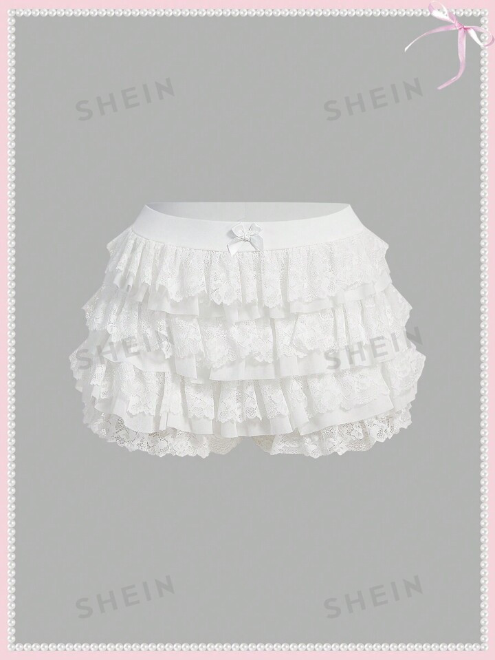 SHEINNeu Summer  Coquette Shorts Balletcore  Sweet Bow Kawaii Mesh Contrast Lace Ruffle Trim Low ... | SHEIN