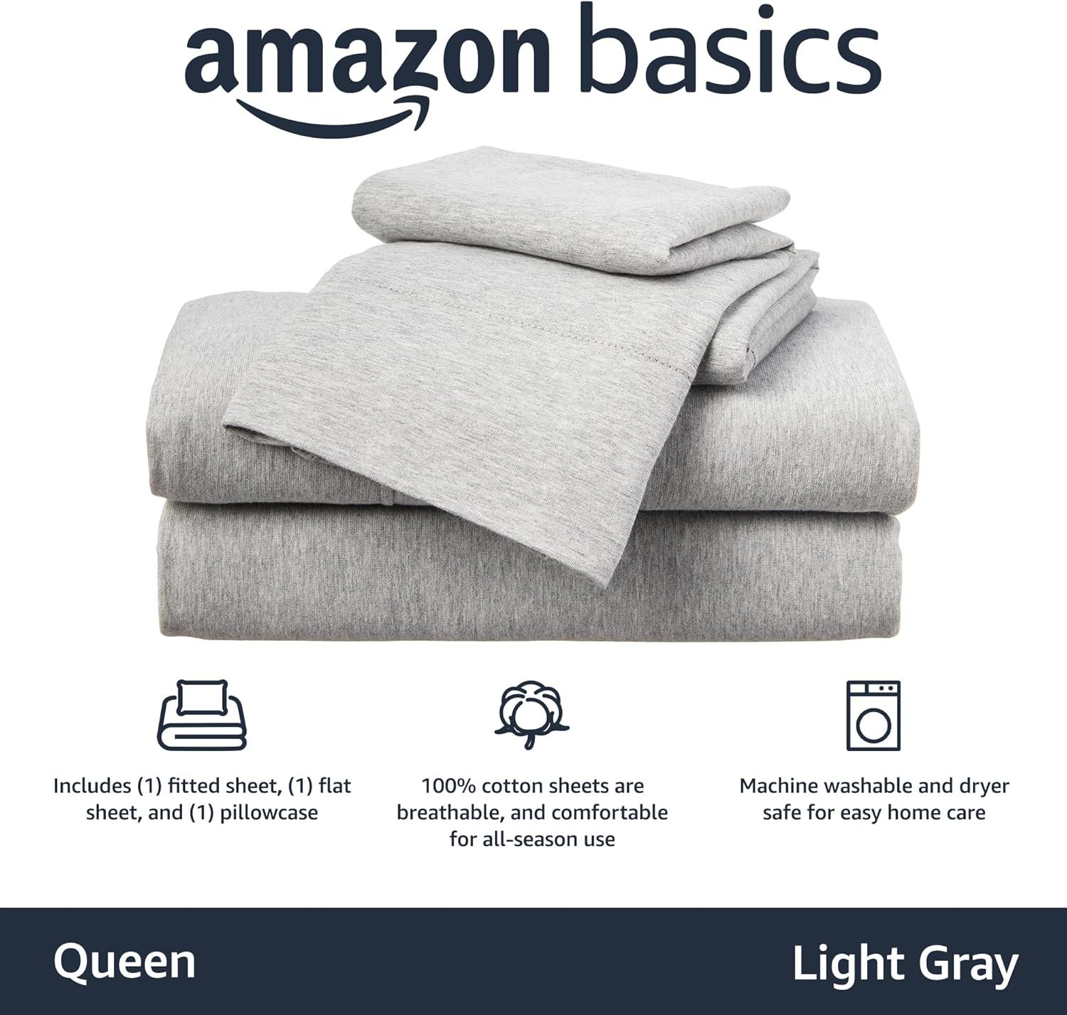 Amazon Basics Cotton Jersey 4-Piece Bed Sheet Set, Queen, Light Gray, Solid | Amazon (US)