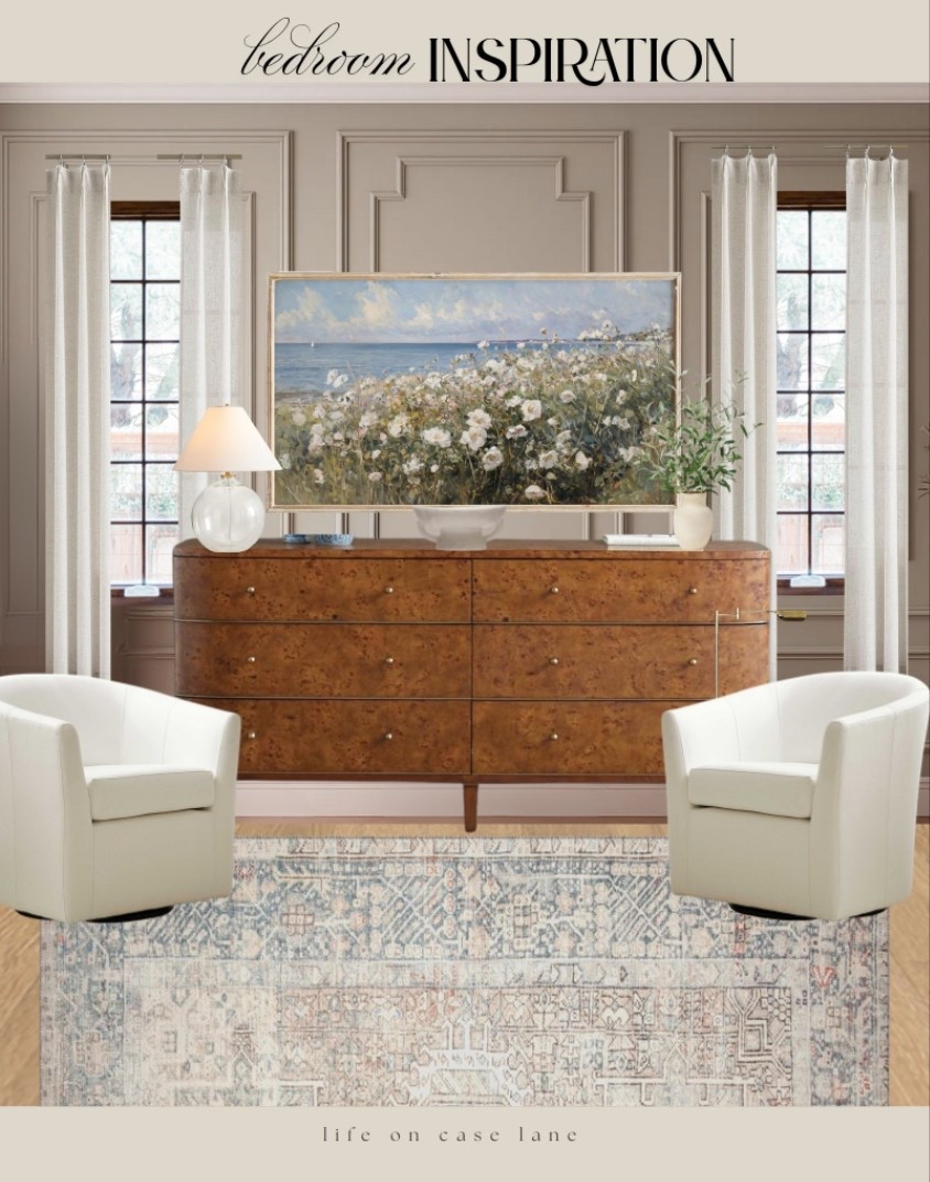 Bedroom wall inspiration - frame tv artwork, swivel chair, dresser, curtains, lamp, curtain rod, area rug, pottery barn accent chair 

#LTKHome #LTKSaleAlert #LTKOver40