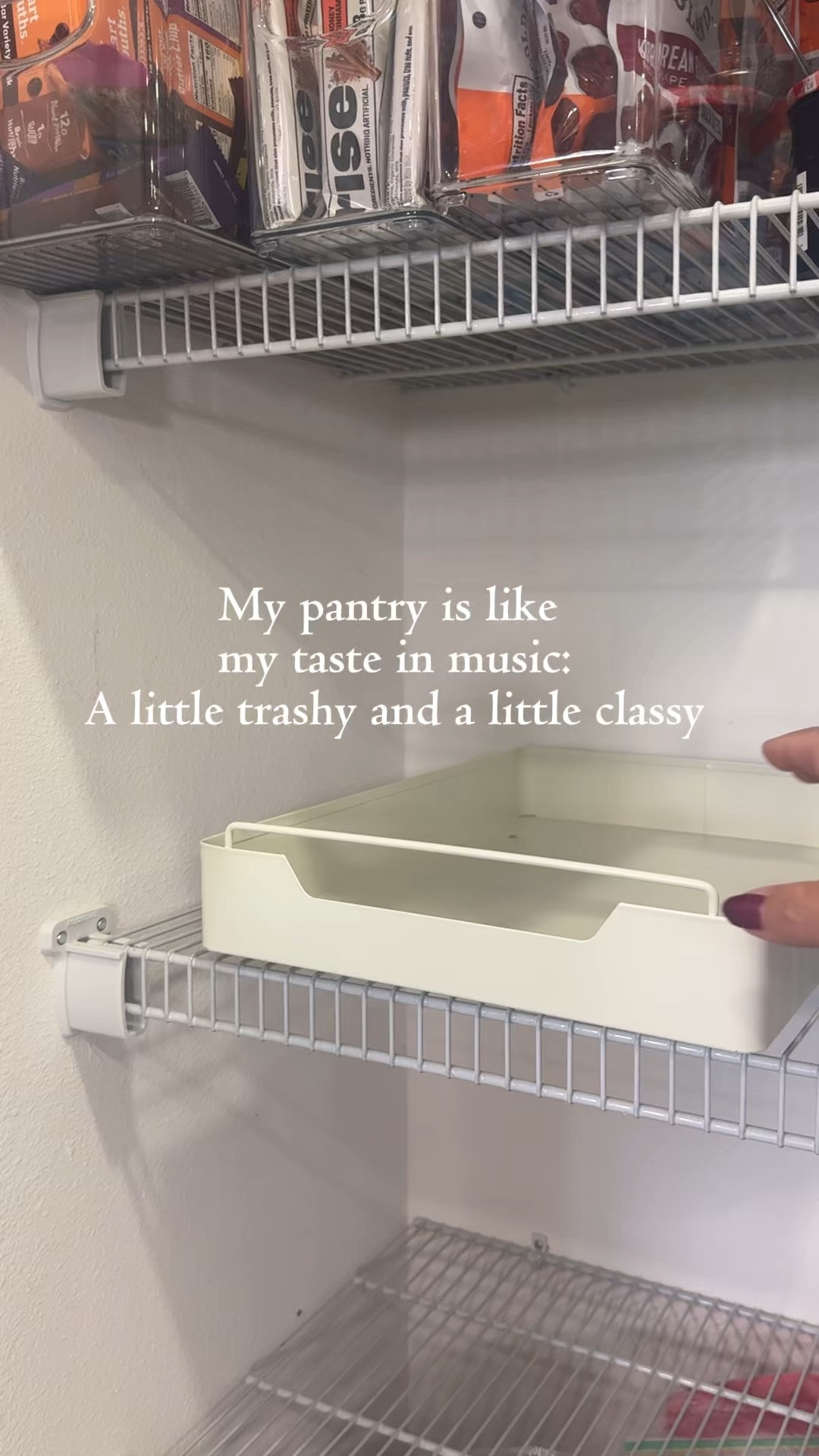 A little trashy. A little classy. 😂

Turns out my pantry has great taste.

I kept the builder-grade wire shelves and made them so much more functional by adding pull-out drawers, clear bins, and a few zip ties instead of ripping everything out. It looks cleaner, it’s easier to find what I need, and it cost a lot less than a full pantry makeover.

I’ve linked the pull-out drawers, the clear bins, and the zip ties I used if you want to copy this setup.

Save this for your pantry organization day! 🤍

#LTKHome