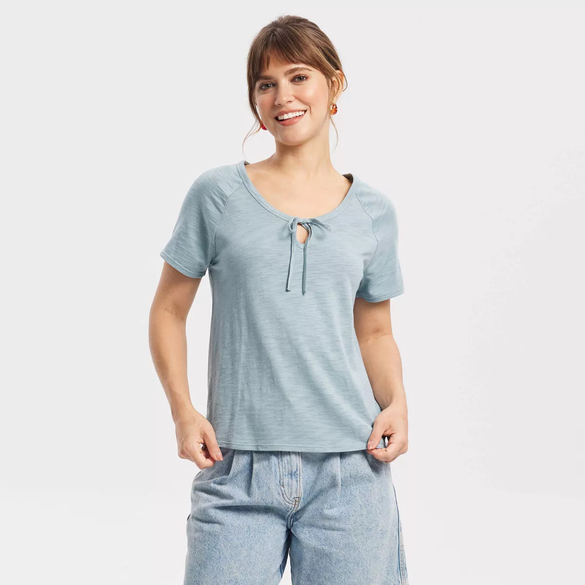 Women's Raglan Short Sleeve Tie-Front T-Shirt - Universal Thread™ Blue XS | Target