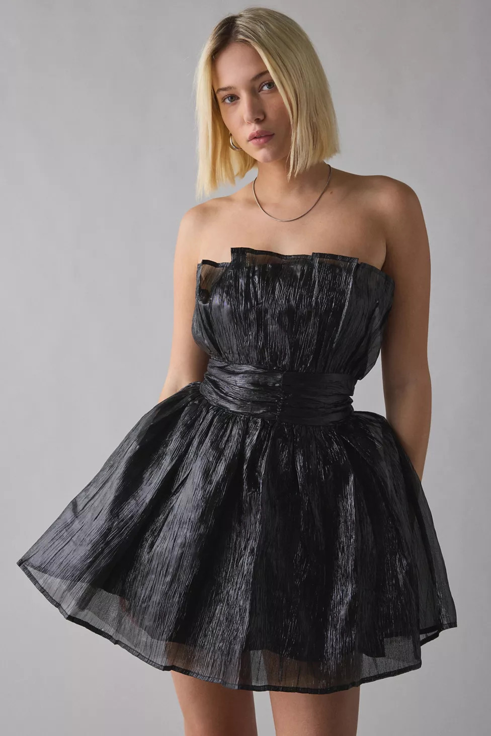 Glamorous Ciara Black Metallic Gathered Fit-And-Flare Mini Dress | Urban Outfitters (US and RoW)