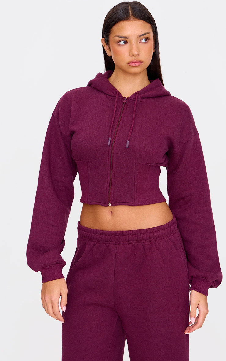 Burgundy Cinched Waist Cropped Zip Up Hoodie | Sweat | PrettyLittleThing US