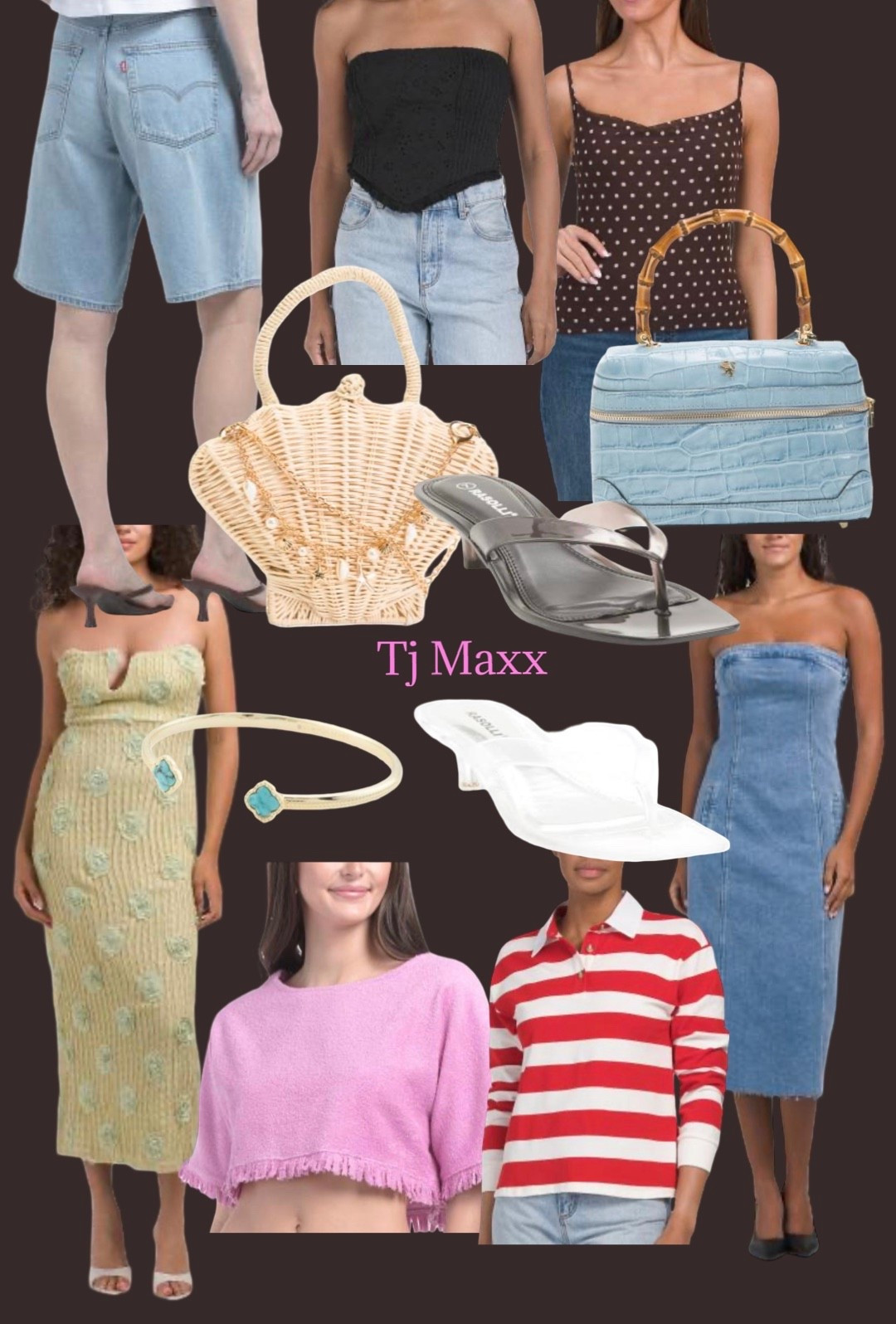 Women’s tj maxx summer finds! 
baby blue vanity style bag, seashell purse, crochet and denim strapless midi dress, Levi’s dad shorts, red striped rugby shirt, pink cropped coverup, slinky brown polka dot tank, jelly kitten heel thong sandal, strapless eyelet top 

Travel fits, casual style, vacation, night out, beach, resort wear

#LTKSaleAlert #LTKSeasonal #LTKTravel