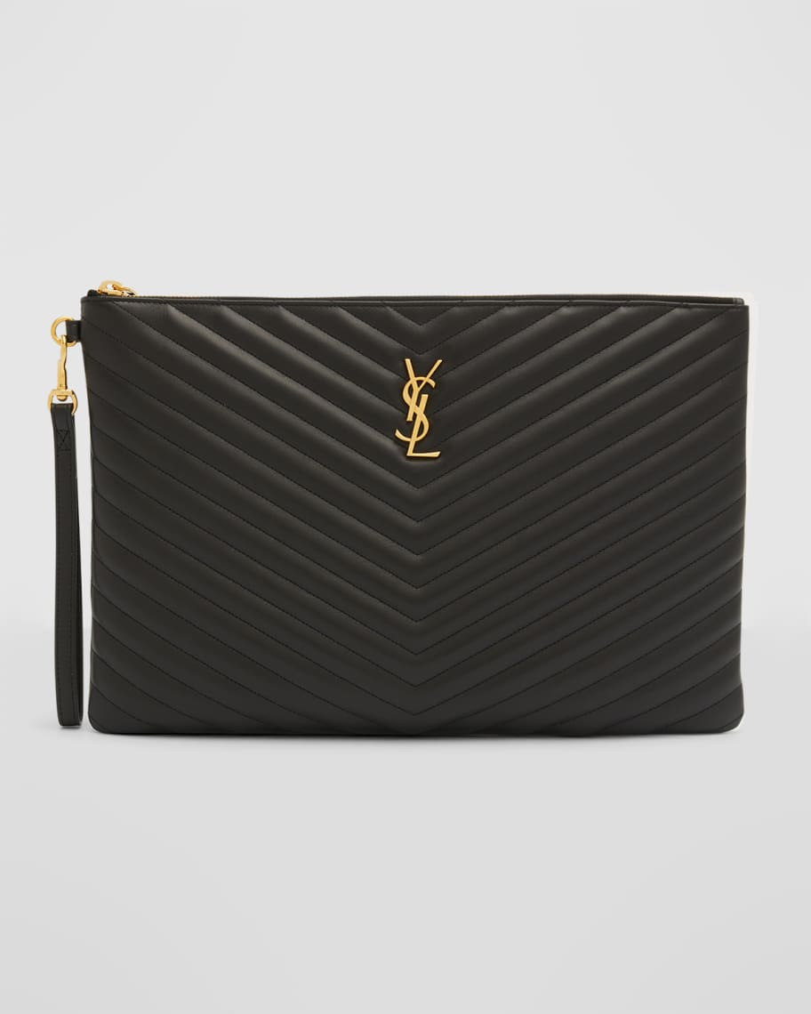 Saint Laurent Monogram YSL Large Chevron Quilted Flat Wristlet Pouch, Black | Neiman Marcus